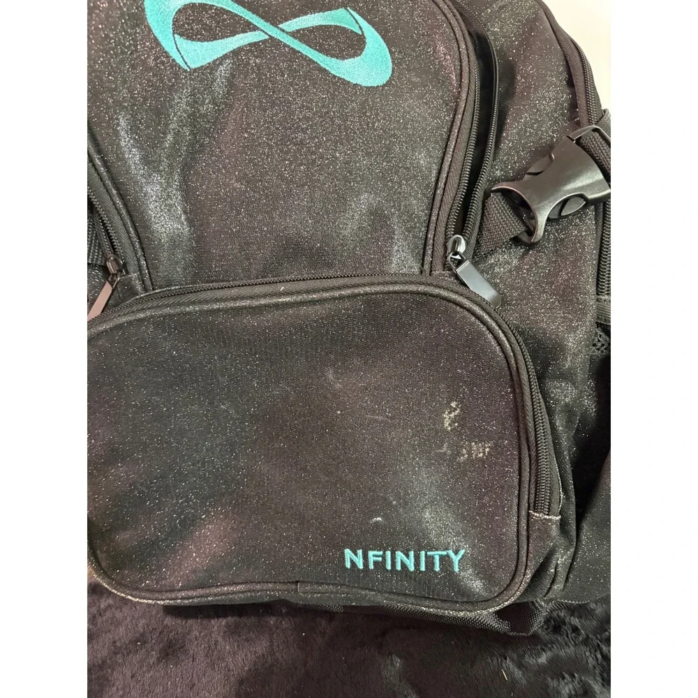 Nfinity Classic Cheer Backpack Black Glitter Teal Logo Athletic School Bag